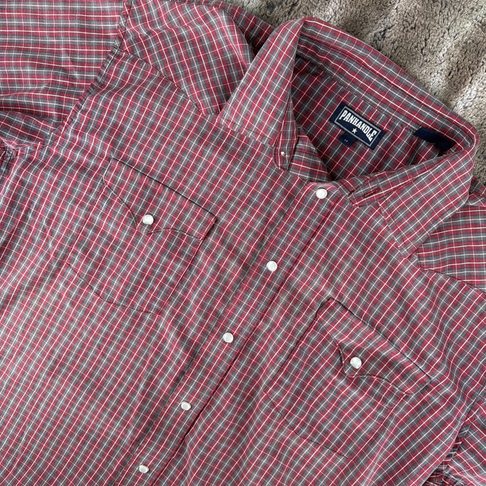 Vintage Panhandle Slim Shirt Men Large (17) Red Gray Plaid Western Pearl Snap